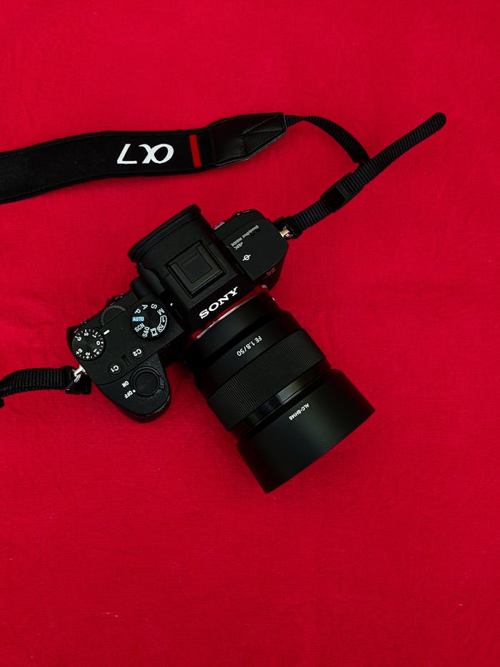 Top view of a DSLR camera against a bold red backdrop, showcasing professional photography equipment.